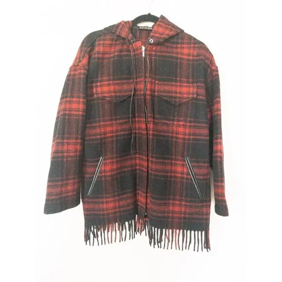The Kooples Buffalo Plaid Red Wool Sweater Coat Fringe  SZ M - Picture 5 of 13